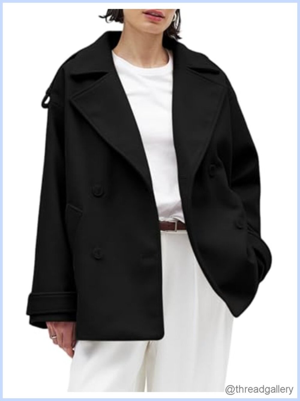 Oversized Crop Wool Blend Pea Coat Double Breasted Jacket